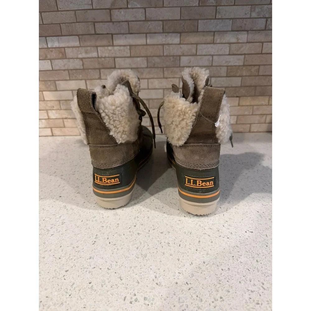 L.L.Bean Kids Size 3 Winter Duck Boots Faux Shearling Lined Brown Green Lace Up